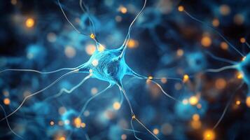 Detailed microscopic rendering of neurons in an artificial intelligence network conveys data transmission via light-emitting branches. photo
