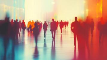 Blurred silhouettes of people walking in a brightly lit, modern hall, conveying a sense of movement, anonymity, and urban life. photo