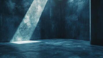 Moody, monochromatic interior with sunlight streaming through, casting shadows and emphasizing texture. Minimalist, atmospheric composition. photo