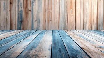 Rustic wooden background featuring a weathered floor and wall with faded paint, creating a vintage and textured look. Ideal for product display. photo