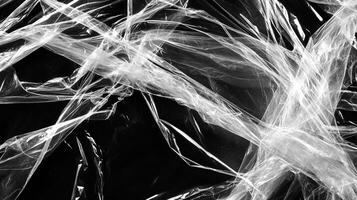 Abstract monochrome image of crumpled transparent film against a dark background, creating a textured, chaotic, and artistic composition. photo