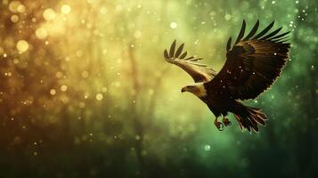 Majestic eagle soars against a blurred golden and green background. Its wings are outstretched, showcasing freedom and power. photo