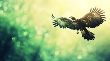 Majestic golden eagle soars against a bokeh background, wings spread wide in flight. Symbol of freedom and power, capturing nature's beauty. photo