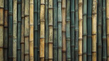 An artistic view of bamboo stalks arranged closely together, showing a natural pattern in green, beige and brown tones. photo