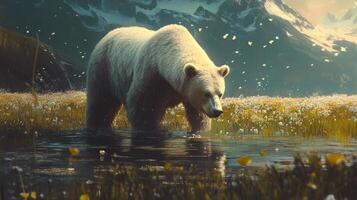 A majestic polar bear wades through a tranquil field of flowers, set against snow-capped mountains, creating a serene natural scene. photo