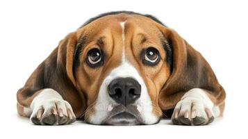 A very cute beagle puppy with big eyes and floppy ears is lying down and looking up. He is isolated on a white background with a sweet expression. photo