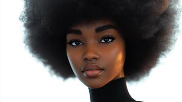 Striking portrait of a woman with a voluminous afro and warm complexion against a clean white background. Minimalistic and modern. photo