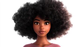 Animated woman with large, afro-style dark hair stands against a bright white backdrop looking into the camera with a gentle expression. photo
