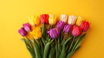 Cheerful tulips brighten the frame, a spring palette of yellow, red, purple, and white, set against a vibrant yellow background. photo