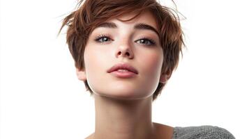 Close-up portrait of a young woman with a pixie cut and freckles, captured in a simple studio setting with bright lighting. photo