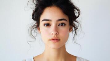 Portrait of a young woman with naturally beautiful features. She is looking directly at the camera with a soft and gentle expression. photo