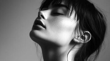 Monochromatic portrait of a woman with closed eyes, head tilted back, capturing a moment of introspection and serene calmness. photo