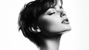Monochrome portrait of a woman with a pixie cut, gazing upwards with eyes closed, bathed in soft, diffused light in a white background. photo