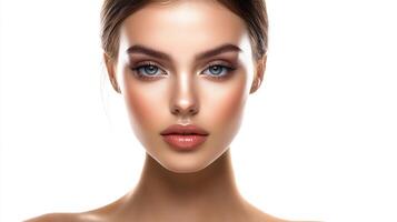 Close-up shot of a poised woman with refined makeup, exuding elegance and highlighting delicate facial features in a professional style. photo