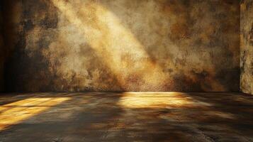 A room bathed in sunlight, showcasing textured walls and floor. The contrast between light and shadow adds depth and character to the scene. photo