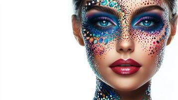 Woman adorned with vibrant gems and makeup, a dazzling display of color and beauty, enhanced by creative expression. Glamorous makeover. photo