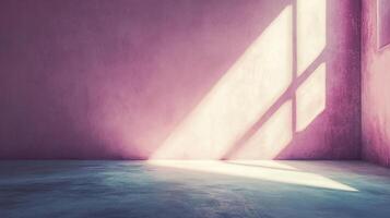 Light streams through a window onto a textured wall and floor in an empty room, creating a serene and minimalist atmosphere. photo