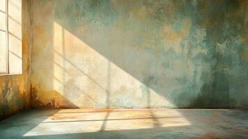Sunlight streams through a window onto an old wall in a worn-down room with an artistic effect created by the room's aged texture. photo