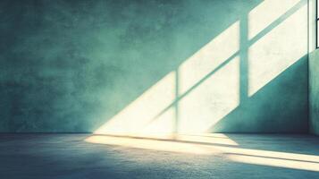 Sunlight streams through a window illuminating a minimalist room, creating stark shadows on the textured wall and floor. Serene and simple. photo