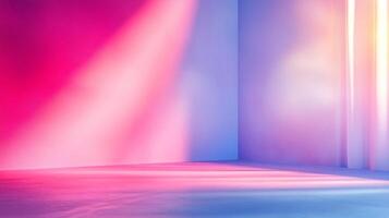 A vibrant minimalist room scene with dynamic lighting, showcasing modern elegance and spatial depth through color transitions and shadow play. photo