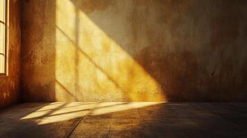 Sunlight streams into a room, highlighting the texture of the wall and floor, creating an atmosphere of quiet contemplation. photo
