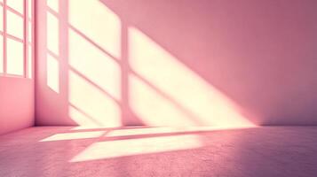 A pink room is illuminated by natural light streaming through a window, casting geometric shadows across the wall and floor, highlighting the textures. photo