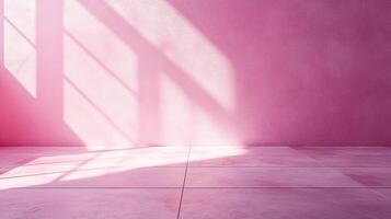 A vibrant pink room with sunlight streaming through a window, creating striking shadows across the wall and tiled floor. Minimalist setting. photo