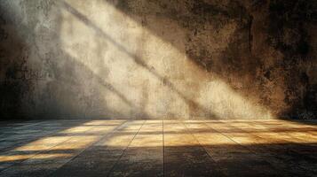 Sunlight streams into a textured room, highlighting the aged plaster wall and wood floor. A study in light, shadow and rustic charm. photo