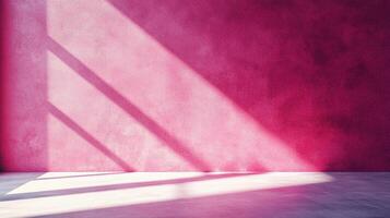 Abstract scene of sunlight streaming across a vibrant pink wall, casting diagonal shadows and creating a modern, minimalist aesthetic. photo