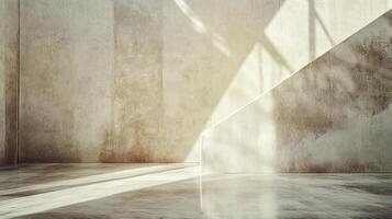 Sunlight highlights a corner of a concrete structure with a smooth, reflective floor, creating contrast in light and shadow. photo