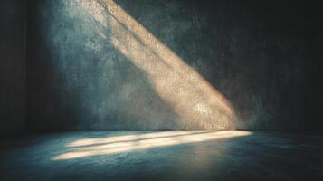 Sunlight streams through a crack, illuminating a dark, gritty room. The light provides a sharp contrast to the darkness within the space. photo