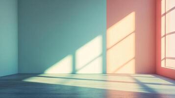 Sunlight streams into a room with two-toned walls, casting shadows and creating a warm, inviting atmosphere. Interior setting, soft light. photo