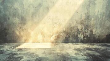 Illuminated corner where sunlight spills into a weathered space, creating an ethereal contrast of light and shadow on the textured surfaces. photo
