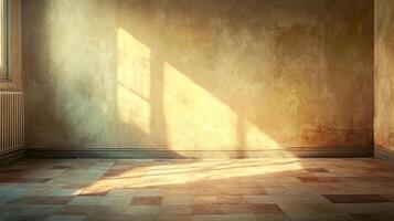 Sunlight streams into a weathered room, illuminating its old walls and tiled floor, casting an ethereal glow and creating a sense of timeless beauty. photo
