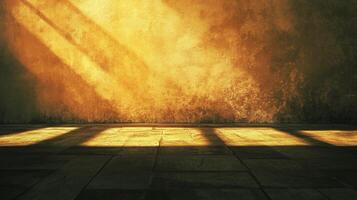 Sunlight streams into an old room, casting shadows on the floor, creating a dramatic effect. It gives a very cozy and relaxing feeling. photo