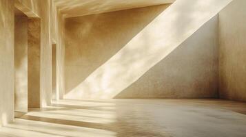 Sunlight streams across a minimalist interior space, highlighting texture. Neutral palette and architectural elements add to serenity. photo