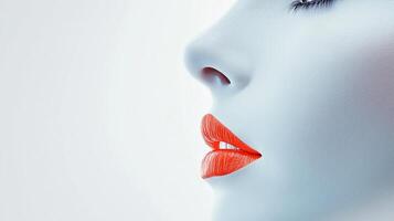 Striking profile of a woman with vivid red lips against a pale complexion. This image emphasizes beauty and elegance in simplicity. photo