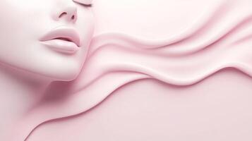 Elegant minimalist composition featuring a woman's face gently resting beside fluid fabric folds, bathed in a soft, pink monochromatic color scheme. photo