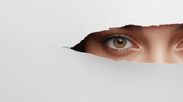 Intense gaze peering through torn paper. Captivating eye contact from behind a white barrier. Mystery and intrigue captured. photo