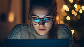 Young woman wearing glasses, illuminated by computer screen in a cozy setting with warm bokeh lights in the background. Nighttime work. photo