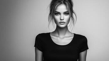 Striking black and white portrait of a young woman with expressive eyes and effortlessly styled hair, radiating natural confidence. photo