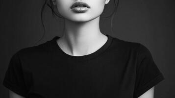 Monochrome portrait showcasing a woman's upper body, emphasizing her lips, neck, and a plain dark t-shirt. Simple and evocative. photo