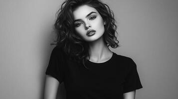 Striking monochrome portrait of a brunette woman with wavy hair and dark makeup, wearing a simple black shirt in front of grey background. photo