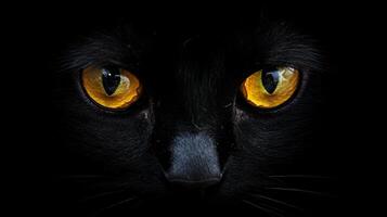 Intense gaze of a black cat, its golden eyes piercing through the darkness, showcasing nature's captivating allure in a simple yet striking image. photo