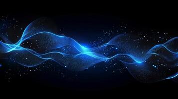 Abstract blue wave patterns against a dark background create a sense of motion and depth, with shimmering particles adding to the visual interest. photo