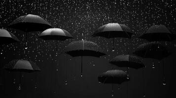 Abstract monochrome scene featuring floating umbrellas caught in a downpour, depicted with stark contrast and atmospheric depth. photo