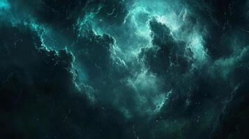 Dramatic interplay of dark clouds and luminous turquoise light, creating a cosmic atmosphere of depth and mystery. Celestial wonder. photo