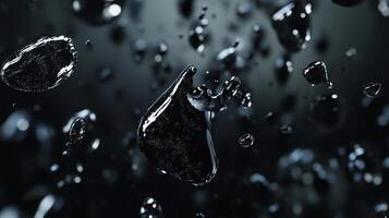 Suspended in time, droplets of dark liquid form an ethereal dance against a backdrop of shadow and light, creating abstract patterns. photo