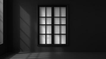 Dark room with natural light streaming through a window, creating an interesting interplay of shadow and illumination in a minimalist space. photo