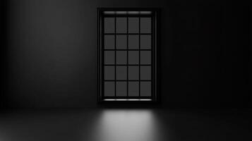Minimalist dark room featuring a gridded window that allows subtle light to permeate the somber space, creating a visual contrast. photo